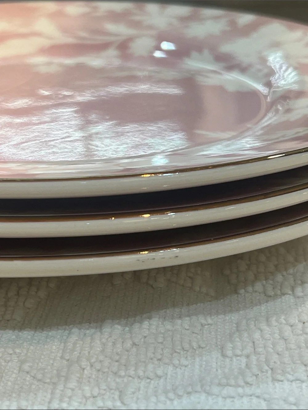 3 Pottery Barn Pink & White Floral Plates Gold Trim 8.75 Inch